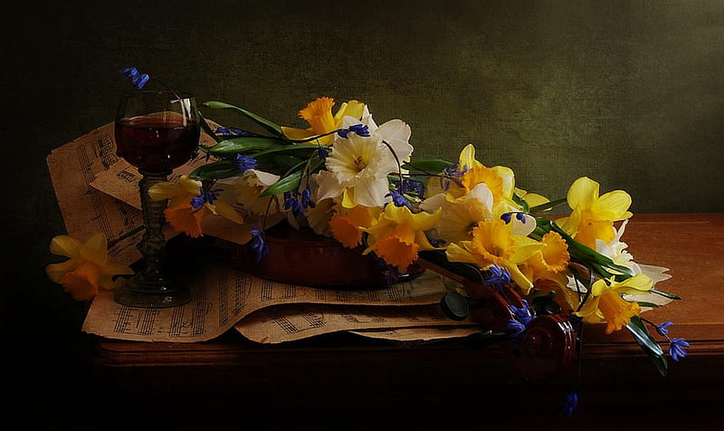 Spring Melody, table, still life, violin, daffodils, flowers, wineglass, sheet music, HD wallpaper
