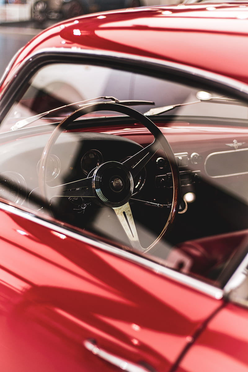 steering wheel, car, retro, salon, red, HD phone wallpaper