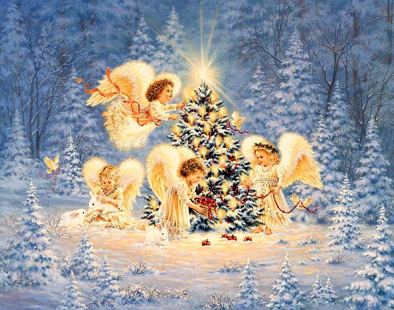 ★Little Decorations★, pretty, Christmas, christmas tree, little angels, bonito, angels, xmas and new year, paintings, decorations, bright, heaven, wings, lovely, colors, love four seasons, birds, creative pre-made, shining, weird things people wear, nature, HD wallpaper