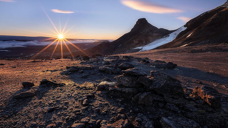 Sunrise over Vatnajoekull - Iceland's Interior, mountains, landscape, rocks, sun, morning, sky, HD wallpaper