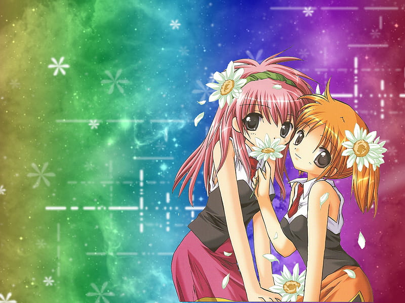 Midnight Rainbow, cute, galaxy angel, girl, anime, flower, rainbow, anime girl, girls, HD wallpaper