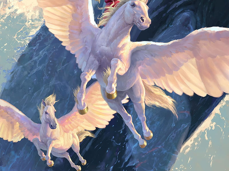 Pegasus by Clint Cearley, art, fantasy, frumusete, wings, pegasus, clint cearley, white, blue, luminos, HD wallpaper