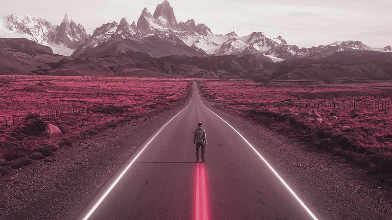 Road Neon Lights Man Mountain Pink , road, alone, artist, artwork, digital-art, HD wallpaper