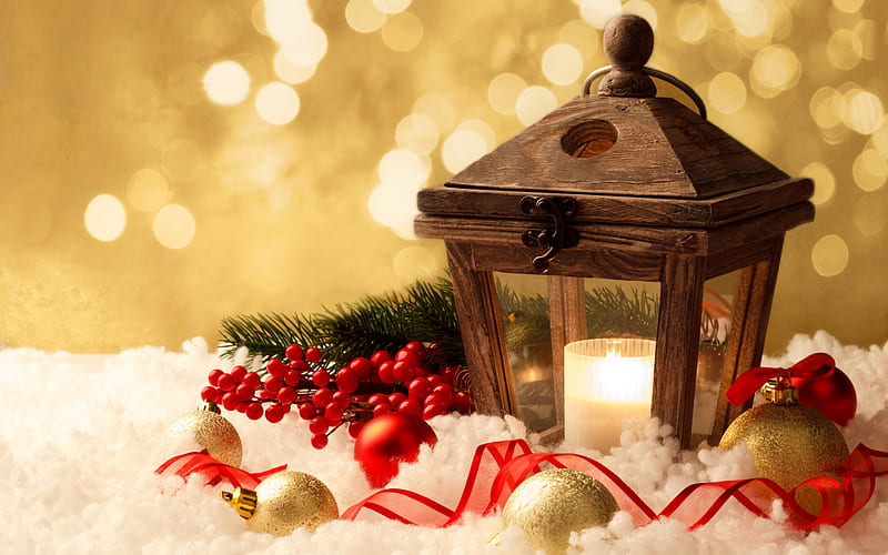 Christmas, wooden lantern, golden Christmas balls, New Year, snow, concepts, decoration, HD wallpaper