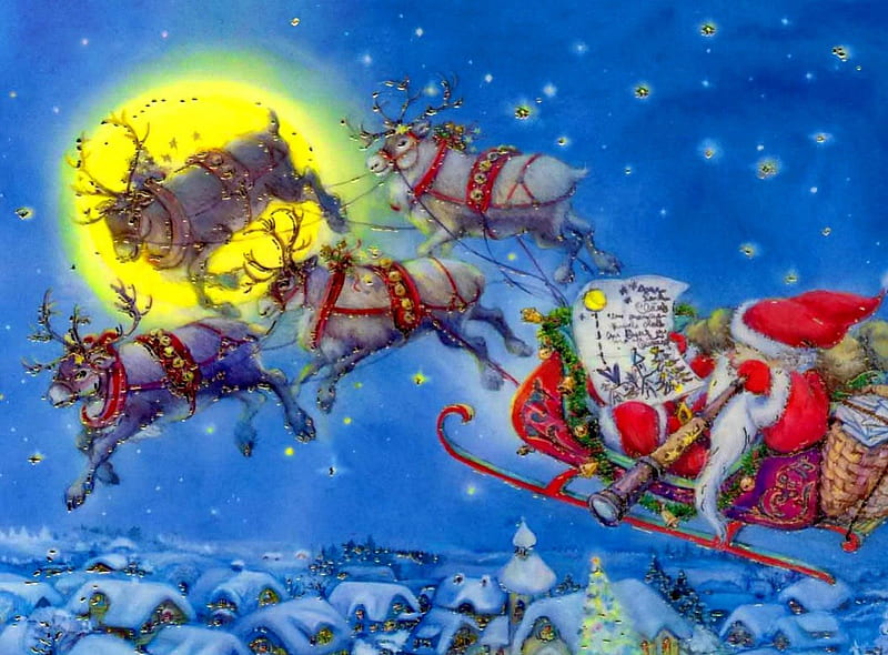 Flying Santa, sleigh, world, house, cottages, covered, shine, magic, moon, painting, village, season, deers, light, friends, letter, art, holiday, christmas, town, Santa Claus, new year, sky, winter, fly, snow, peaceful, gifts, HD wallpaper