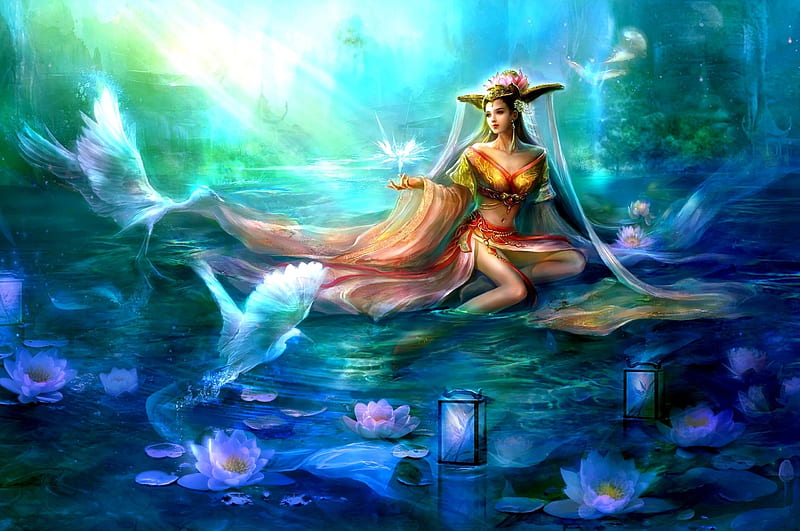 Magical Waters, forest, lanterns, water, lotus, girl, plants, magical, swans, waves, HD wallpaper