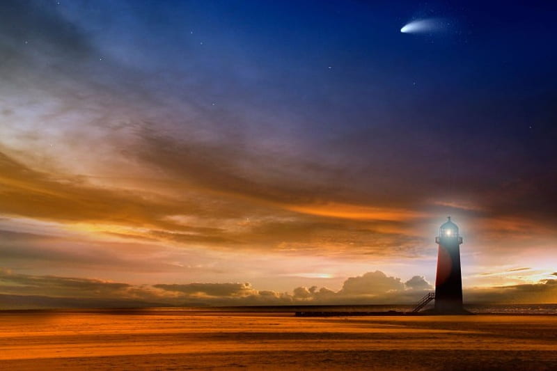Comet in the Sky, stars, evening, sky, coast, lighthouse, HD wallpaper