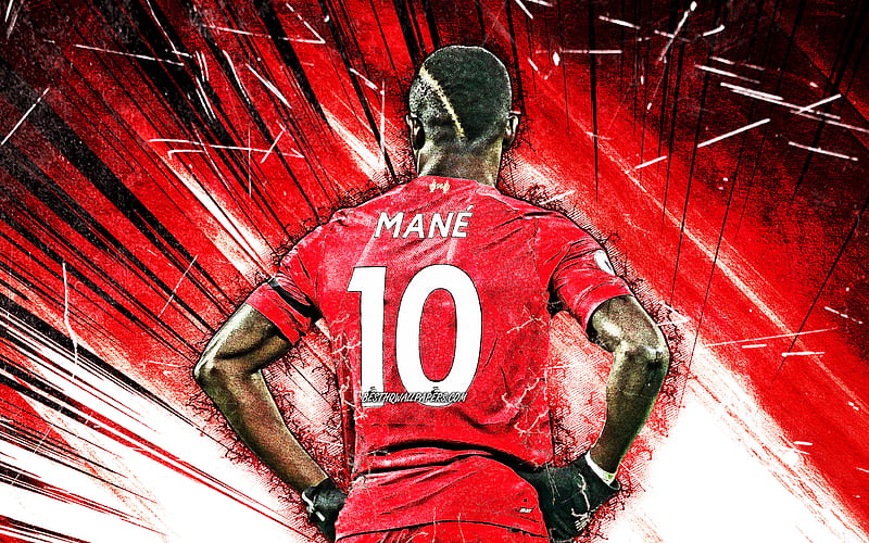 Sadio Mane grunge art, back view, Senegalese footballers, Liverpool FC, red abstract rays, Mane Liverpool, soccer, LFC, Premier League, Sadio Mane , football, HD wallpaper