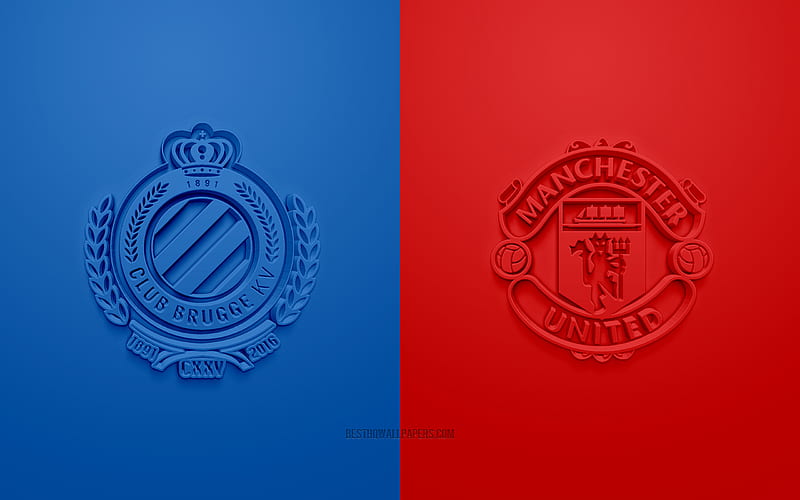 Brugge vs Manchester United FC, UEFA Europa League, 3D logos, promotional materials, red blue background, Europa League, football match, Manchester United FC, Club Brugge, HD wallpaper