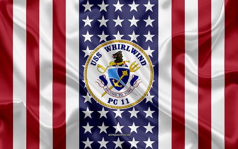 USS Whirlwind Emblem PC-11, American Flag, US Navy, USA, USS Whirlwind Badge, US warship, Emblem of the USS Whirlwind, HD wallpaper