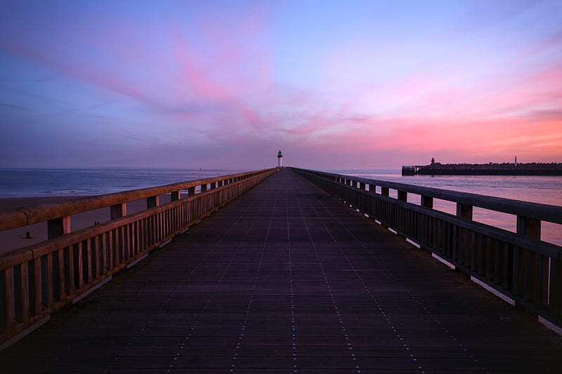 pier, lighthouse, horizon, dawn, sea, sky, HD wallpaper