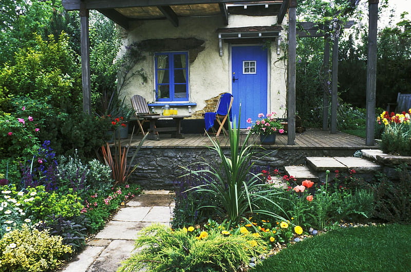Beautiful cottage, house, balcony, home, trees, door, flower, flowers, village, garden, white, blue, HD wallpaper