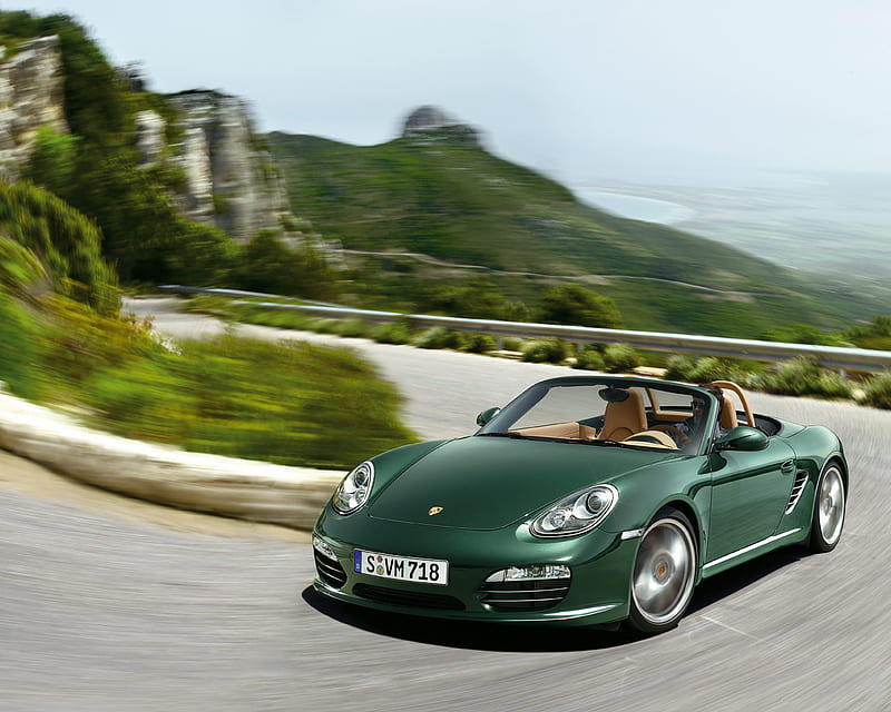 Porsche Boxster, Toyota, green, porshe, car, curve, road, sky, toyota, fast, HD wallpaper