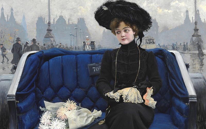 Woman, paul gustav fischer, art, girl, painting, flower, black, blue, hat, HD wallpaper