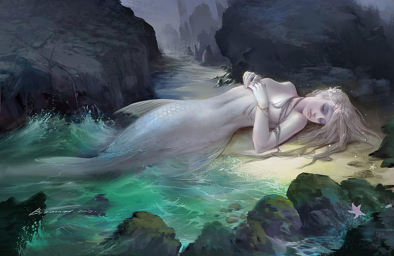 Mermaid, bi taiwei, sea, blue, art, frumusete, luminos, rock, fantasy, water, vara, girl, summer, HD wallpaper
