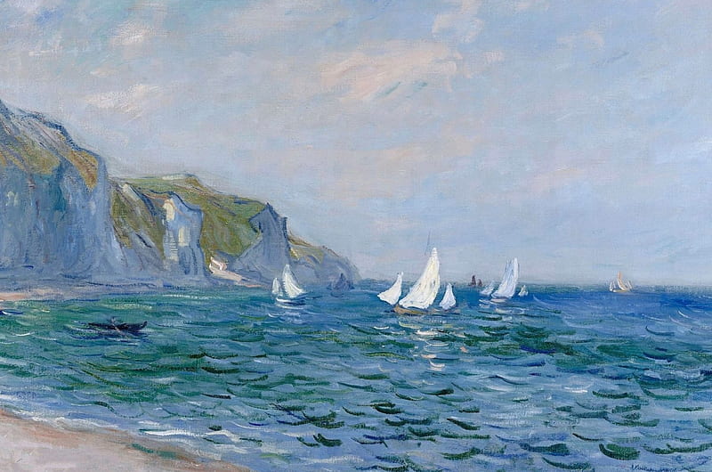 Cliffs and Sailboats at Purvile, art, Claude Monet, sky, sea, water, painting, summer, white, pictura, blue, HD wallpaper