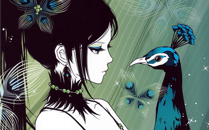 Face to face, art, peacock, manga, woman, butterfly, girl, green, bird, anime, flower, blue, vector, HD wallpaper