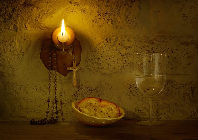 prayer, candle, still life, water, flame, bread, abstract, cross, HD wallpaper