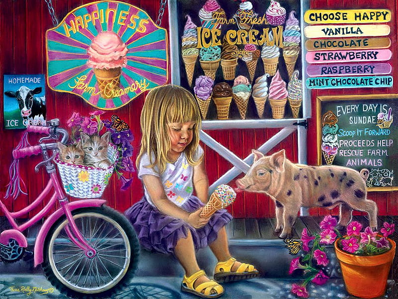 Happiness Ice Cream Shop, kitten, girl, pig, painting, bicycle, flowers, artwork, HD wallpaper