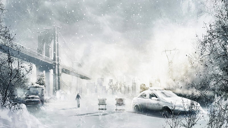 Snowcalypse, abstract, storm, Brooklyn Bridge, winter, city, New York, snow, signs, car, painting, ice, SkyPhoenixX1, police, HD wallpaper
