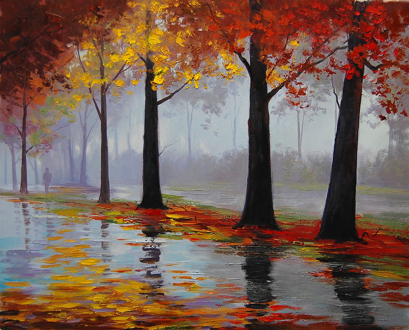 Autumn Rain, Painting, rain, Trees, Autumn, HD wallpaper