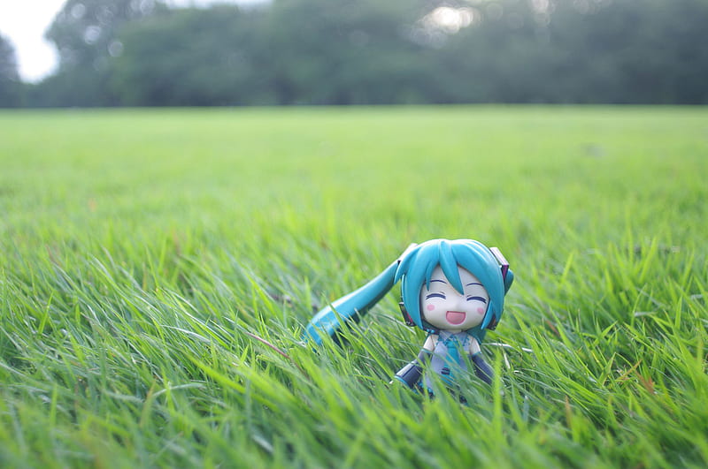 hatsune miku, open space, grass, anime, toy, smile, in the grass, twin tails, HD wallpaper
