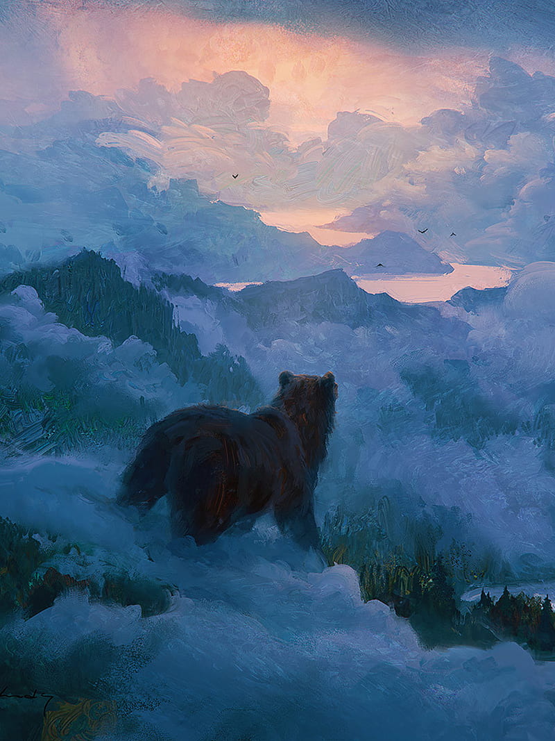 Bear, clouds, mist, mountains, big, animal, natue, trees, painting, HD phone wallpaper