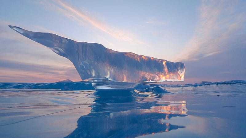 Nature's Sculpture, ocean, ice, mirror, nature, sunset, reflection, sky, winter, HD wallpaper