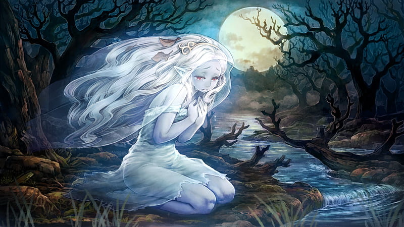 'Ghost whisperer'......., forest, stream, ghost, mystidal, moonlight, night, whispers, HD wallpaper