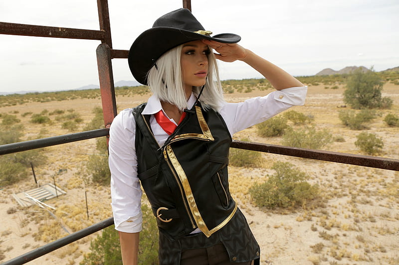 Cowgirl ~ Emma Hix, blonde, cowgirl, model, hat, HD wallpaper