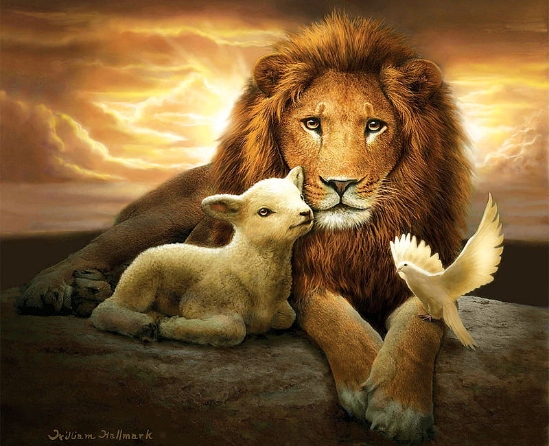 Trinity of Peace, painting, dove, lion, lamb, HD wallpaper