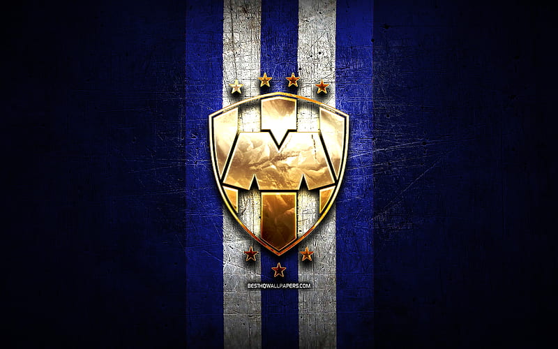  Monterrey fc, logo dorado, liga mx, de metal azul, fútbol, ​​cf monterrey, club de fútbol mexicano, Fondo de pantalla HD