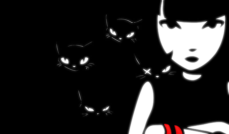 Get Them All!, red, black, strange, punk, comic, gothic, emily, white, cats, HD wallpaper