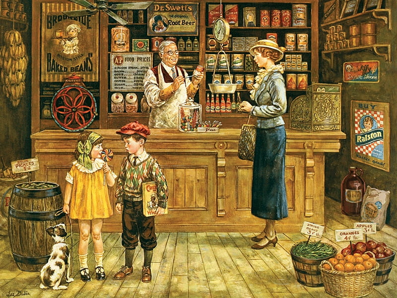 The Grocery Store, grocer, painting, children, woman, artwork, HD wallpaper