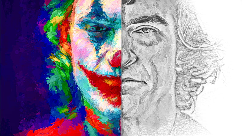 Joaquin Phoenix With One Side Colorful Joker Face And Other Side Black And White Normal Face Joker, HD wallpaper