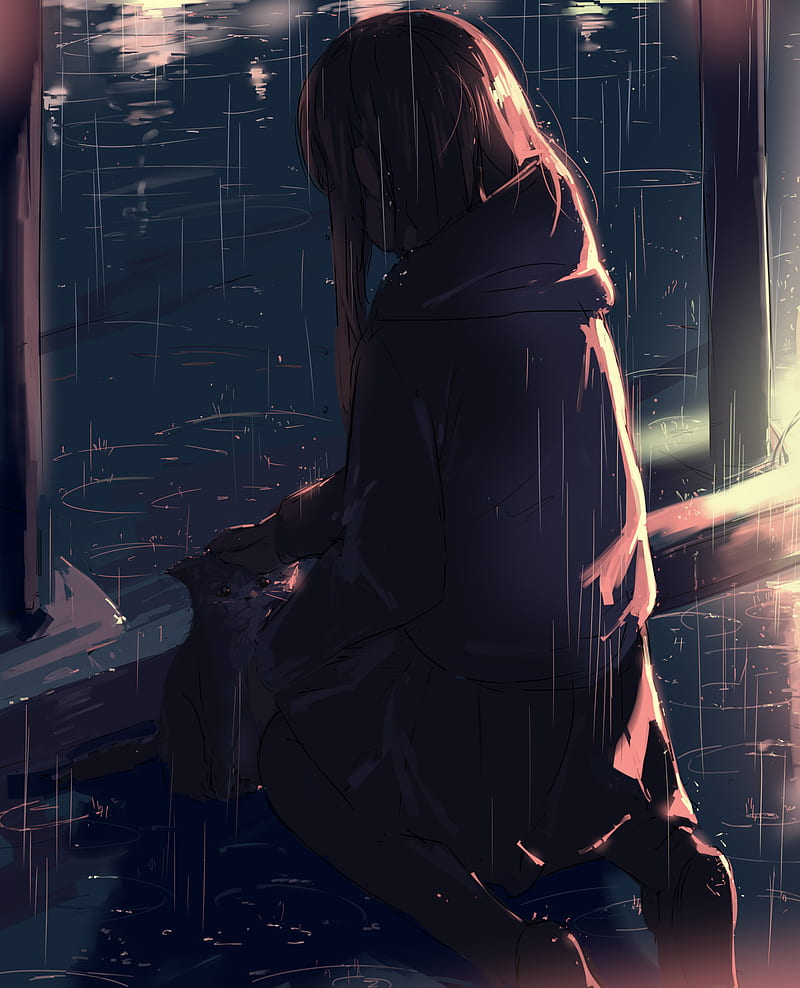 girl, cat, friends, rain, anime, HD phone wallpaper