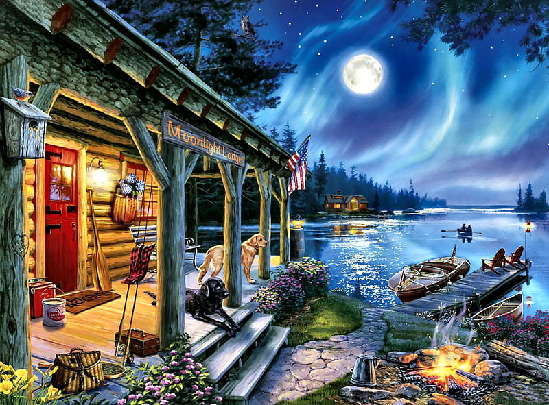Moonlight Lodge F2C, architecture, art, lodge, bonito, illustration, artwork, painting, wide screen, moonlight, scenery, landscape, HD wallpaper