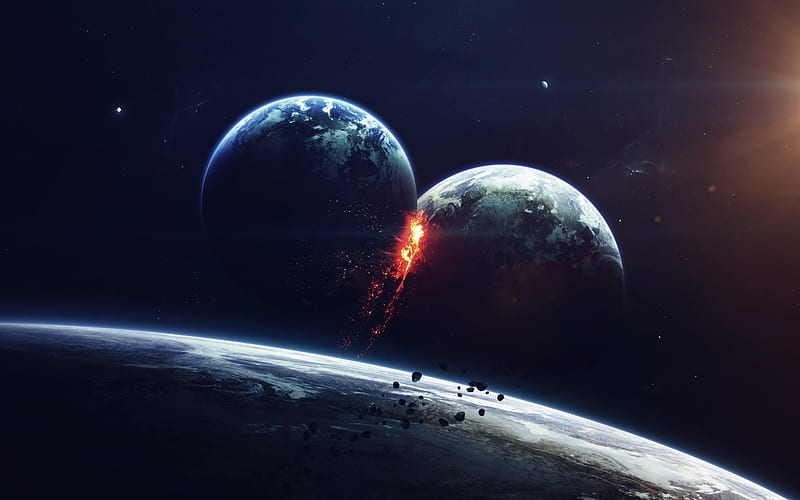 collision of planets, explosion, galaxy, asteroids, science fiction, planets, catastrophe, HD wallpaper