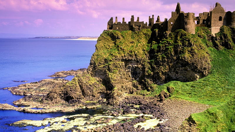 dunluce castle on a sea cliff in northern ireland, rocks, ruins, cliff, castle, coast, sea, HD wallpaper