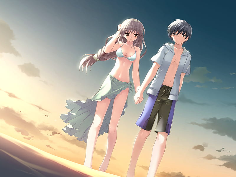 Anime Beach Couple, cute, beach, cg, anime, love, walking in the sky,  couple, HD wallpaper | Peakpx