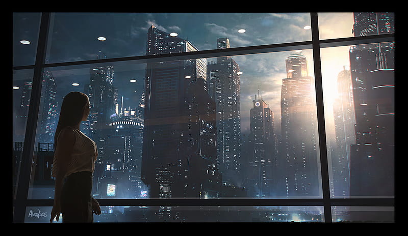 Sci Fi, City, Cityscape, Girl, Window, HD wallpaper