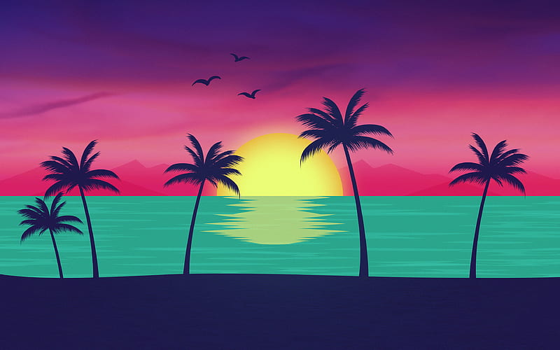 beach sunset, palms, creative, material design, abstract material, HD wallpaper