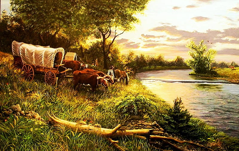 Settling the Shell Rock, cattle, painting, settlers, cart, river, trees, horse, artwork, HD wallpaper