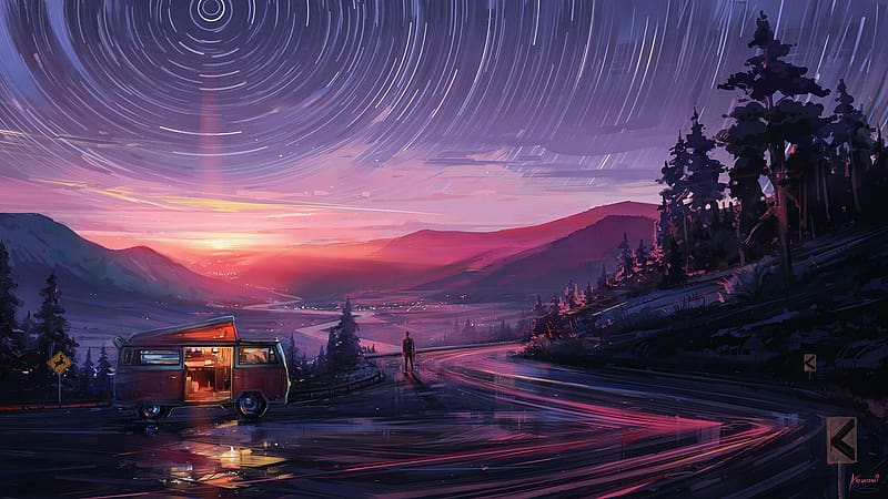 Landscape, Fantasy, Sunset, Mountain, Road, Star Trail, HD wallpaper