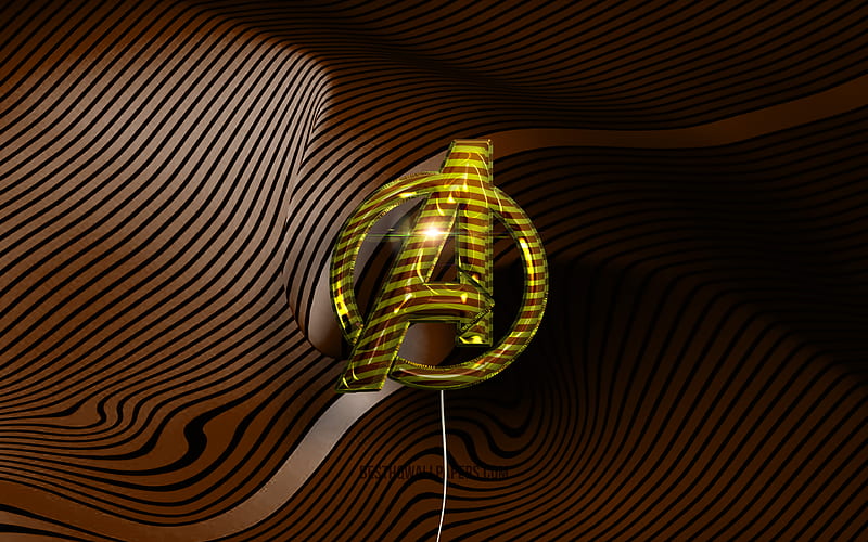 Avengers 3D logo golden realistic balloons, Avengers logo, brown wavy backgrounds, Avengers, HD wallpaper