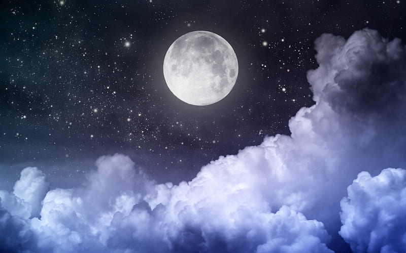 Supermoon ~ August 10, 2014, stars, cloud, full moon, dark, supermoon, white, blue, night, HD wallpaper