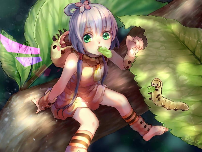 Anime, forest, vocaloid, green, worm, luo tianyi, HD wallpaper