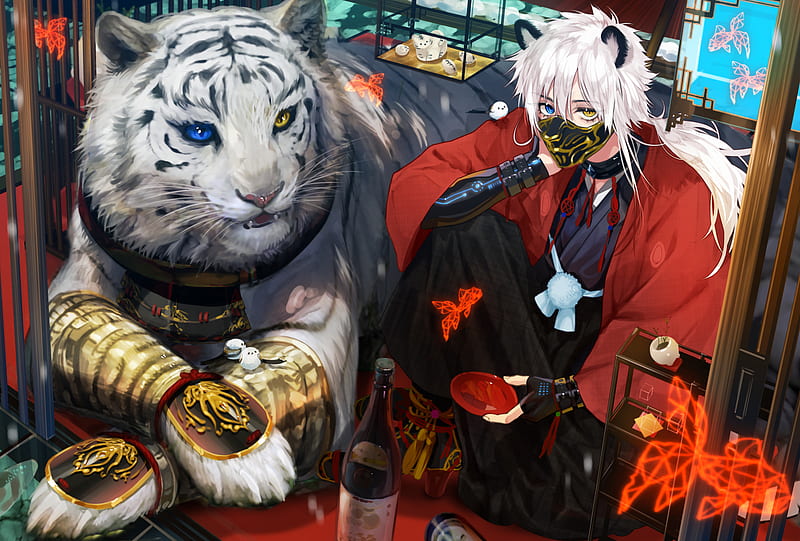 Anime, Boy, Heterochromia , Tiger, HD wallpaper
