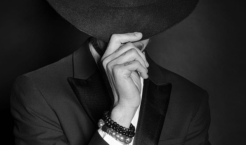 man, hat, hand, gesture, style, black and white, HD wallpaper