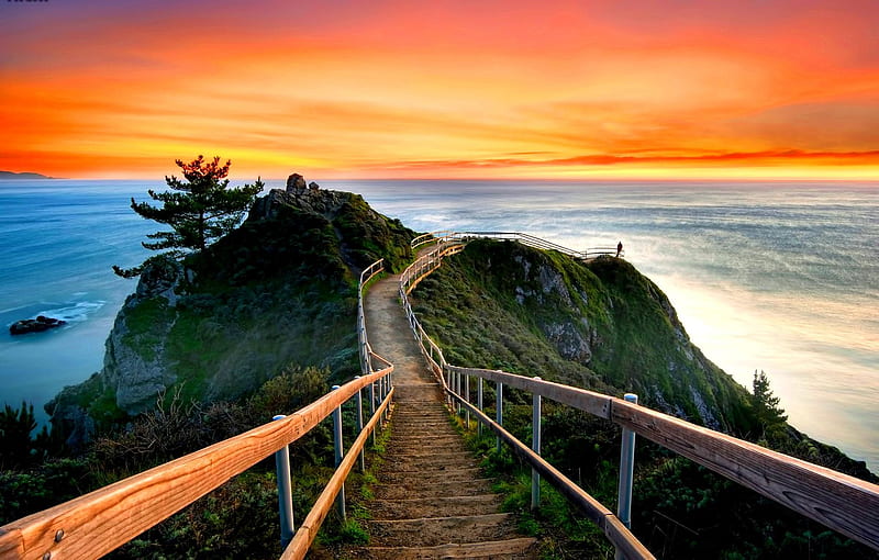 ocean view, stairway, sky, headland, ocean, HD wallpaper